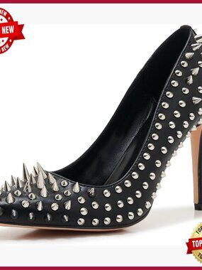 Studded Pointed Toe Stiletto Pumps, Faux Leather Gothic Heels